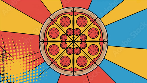 Pepperoni pizza slices on a vibrant comic book background