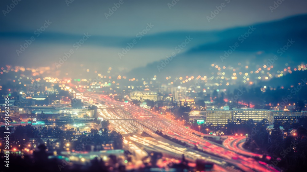 Fototapeta premium Blurred Night Cityscape With Highway Traffic And Mountains