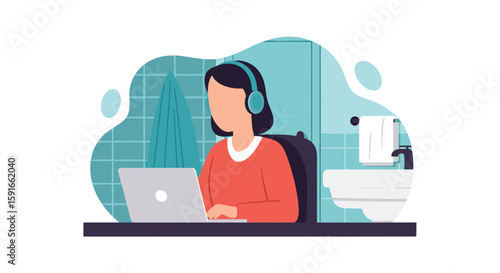 Woman working on laptop in bathroom, perfect for remote work, work from home, or flexibility articles.