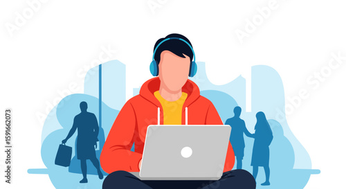 Young man working on laptop outdoors, ideal for blog posts about remote work or freelance lifestyle.