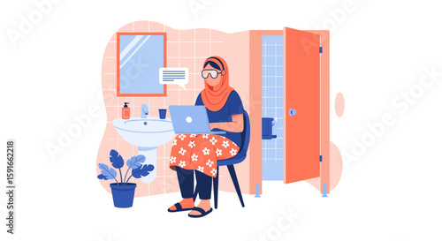 Woman in hijab working on laptop in bathroom, illustration for articles about work-life balance, remote work, or flexible work arrangements.