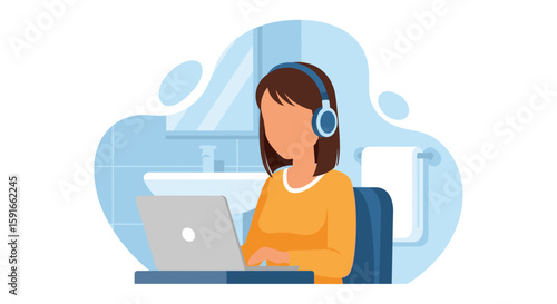 Woman working from home, using laptop and headphones in a bathroom setting. Ideal for remote work, freelance, or work-life balance concepts.