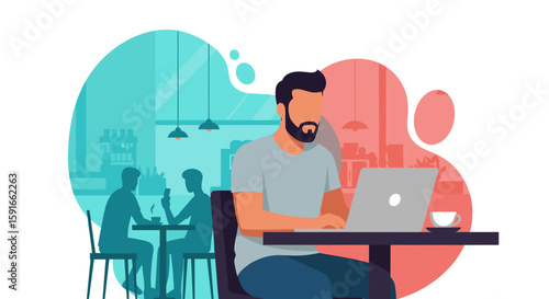 Man working on laptop in cafe, perfect for website banners or blog posts about remote work.
