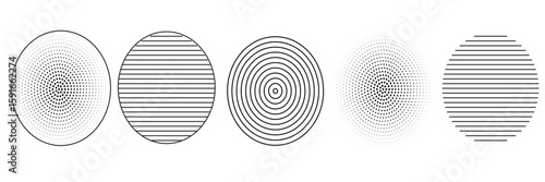Black concentric circle set. Sonar or sound wave ring collection. Dotted and linear epicentre, target, radar icon concept. Ripple radial signal or vibration elements. Vector line and halftone symbols