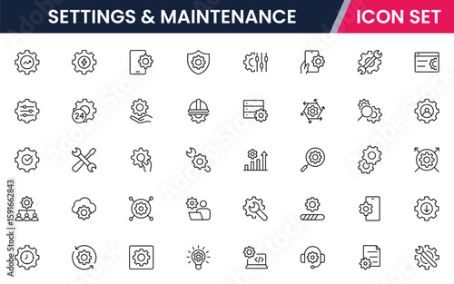 Settings and Maintenance vector web line icon collection, sleek illustrations of tools, gears, updates, configurations for efficient, technical designs.