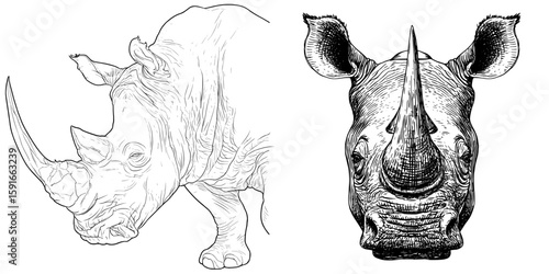 Create a hand sketch of a rhino head in a modern style on a white background, which is an animal
