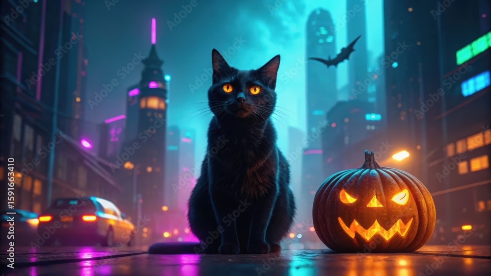 A black cat sits in a neon-lit city street beside a glowing pumpkin, creating a spooky Halloween atmosphere. A black cat sits in a neon-lit city street beside a glowing pumpkin, creating a spooky Halloween atmosphere.
