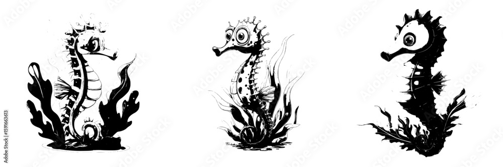 Naklejka premium A cute cartoon seahorse is isolated, depicted with algae against a white background in a modern illustration style