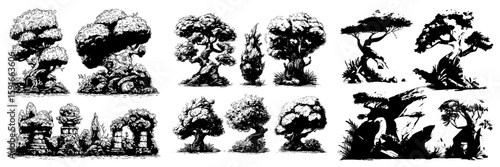 A collection of humorous cartoon trees accompanied by green bushes, presented in a modern illustration style