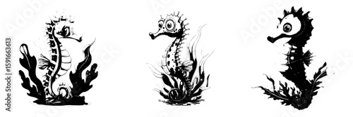A cute cartoon seahorse is isolated, depicted with algae against a white background in a modern illustration style