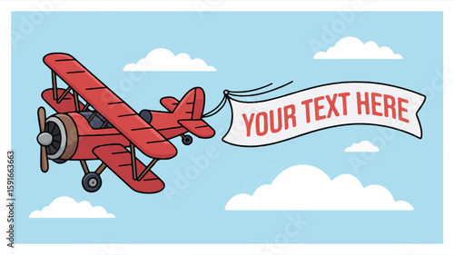 Red biplane flying with banner in sky airplane