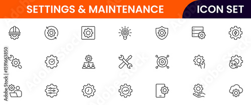 Settings and Maintenance vector web line icon collection, sleek illustrations of tools, gears, updates, configurations for efficient, technical designs.