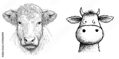 A contemporary illustration of a cow's head is set against a white backdrop, classified as an animal and featuring easily editable layers in a modern style