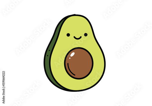 Avocado cartoon drawing. It is a colorful cartoon outline image of a cute, smiling avocado with its pit visible. Vector sketch line art draw.