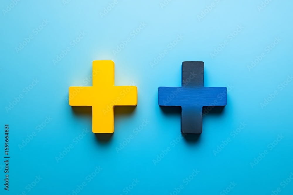 Obraz premium Two Colorful Plus Signs A Yellow Plus and a Blue/Black Plus on Blue