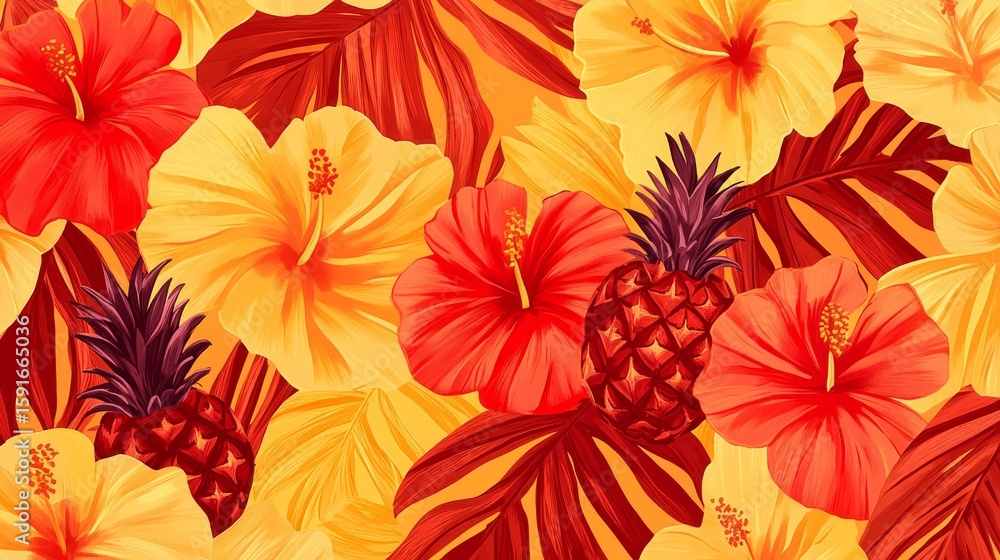 Fototapeta premium 30.A radiant design featuring bold curves and lines in warm tones of red and yellow, accented by retro tropical icons like pineapples and hibiscus flowers.