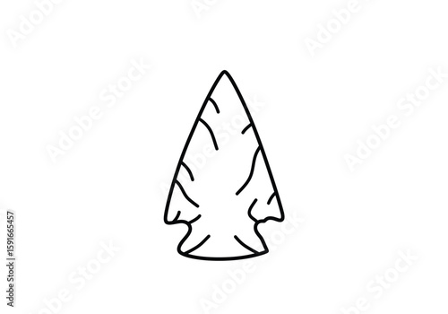 Arrow head drawing. It is a black and white outline image of an arrowhead, representing an ancient projectile point or stone tool. Vector sketch line art draw.