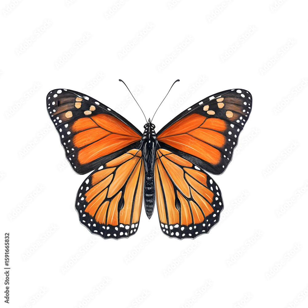 Fototapeta premium Vibrant Monarch Butterfly with Orange and Black Wings for Nature and Wildlife Photography on transparent background 