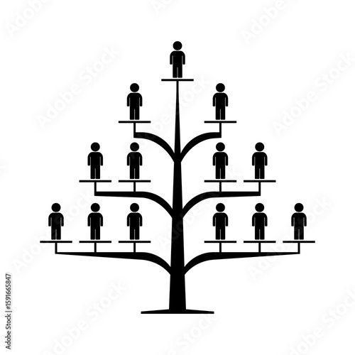 Detailed family tree with generational human silhouettes and horizontal tiered layout