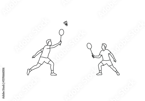 Badminton poster drawing. It is a black and white outline image of two badminton players in action, one hitting a shuttlecock. Vector sketch line art draw.