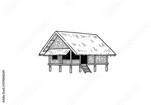 Bahay kubo drawing. It is a black and white outline image of a Bahay Kubo, a traditional Philippine stilt house with a thatched roof. Vector sketch line art draw.