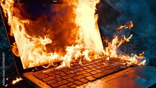 A laptop computer on fire on the ground