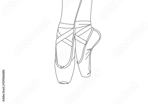 Ballet shoe drawing. It is a black and white outline image of ballet shoes, also known as pointe shoes, with ribbons tied around the ankles. Vector sketch line art draw.