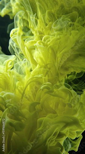 neon yellow green ink in water on black background, abstract fluid motion art