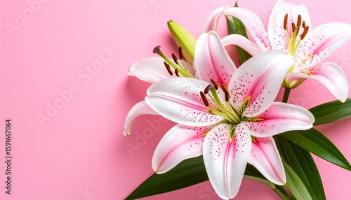 Close-up of pink and white lilies with green leaves against a pink background.