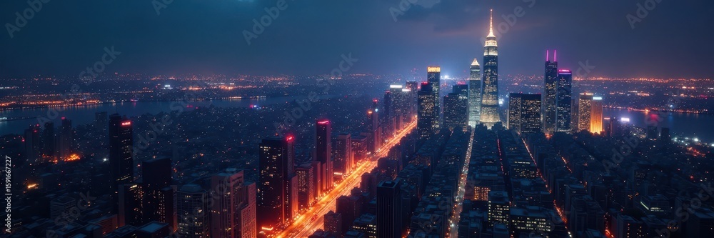 Fototapeta premium Dark cityscape, glittering skyscrapers reflecting light , building, photo, skyline