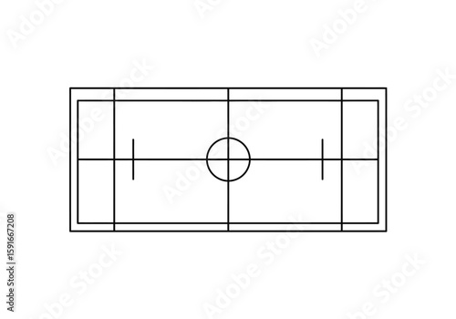 Badminton ground drawing. It is a black and white outline image of a badminton court, showing the playing area and boundary lines. Vector sketch line art draw.