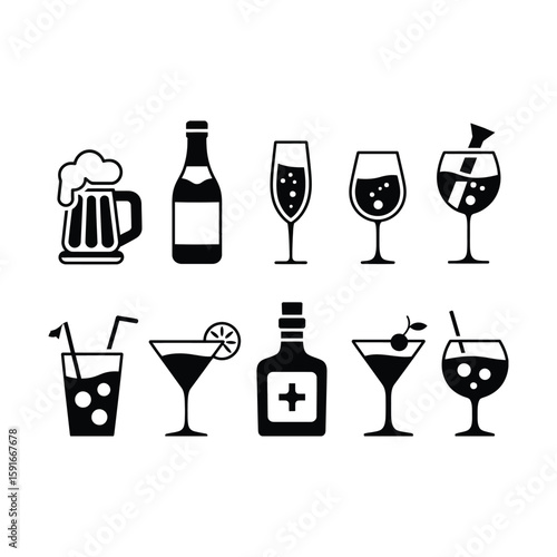 Black and white illustrations of various alcoholic beverages and cocktail glasses for celebrations