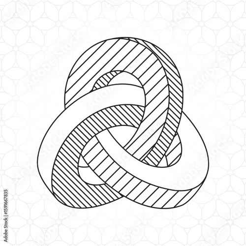 Triple Mobius Loop Technical Draw Style Impossible Geometric Figure - Black Isometric Object on Repeating Cube Pattern Wallpaper Background - Outline Graphic Design
