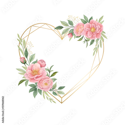 Elegant Watercolor Floral Heart Frame with Pink Peonies and Green Leaves for Weddings and Invitations on transparent background 