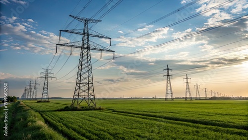Power lines stretching across a green field under a dramatic sky at sunset, showcasing nature's beauty
