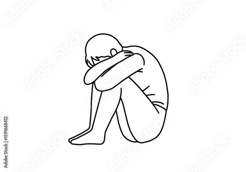 Anxiety depression drawing. It is a black and white outline image of a person curled up, symbolizing feelings of anxiety and depression. Vector sketch line art draw.