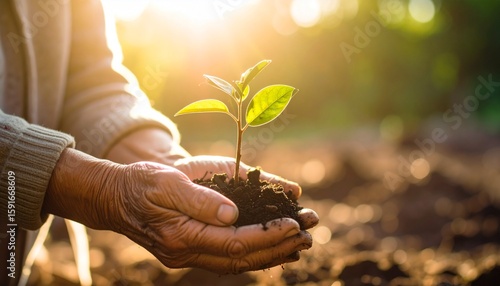 Hands gently hold a small plant seedling with soil, backlit by sunlight.