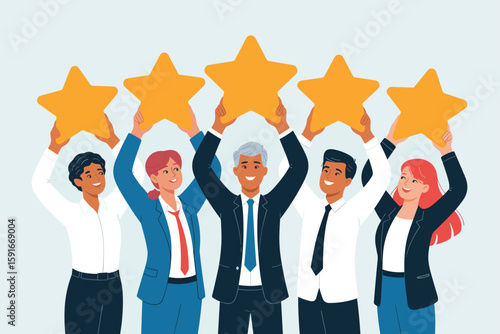 Diverse Business Team Celebrating Success with Five Stars