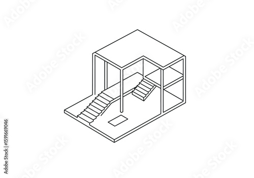 Axonometric drawing. It is a black and white outline image of an axonometric drawing of a building or architectural structure, showcasing its 3D form. Vector sketch line art draw.