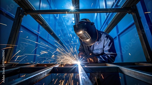 Skilled welder working on metal framework in a workshop, sparks flying in blue surroundings