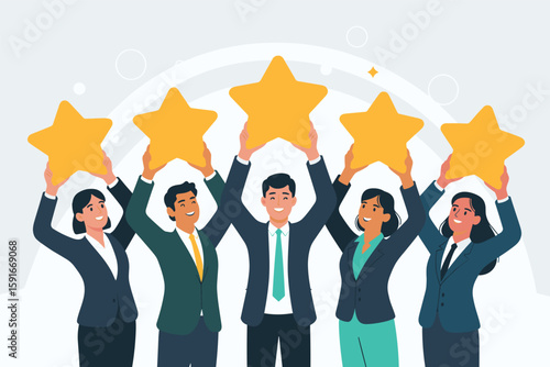 Diverse Business Team Celebrating Success with Five Stars