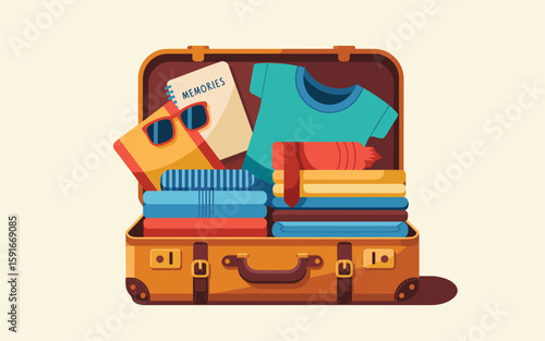 Travel Essentials Open Suitcase Packed with Clothes and Vacation Items