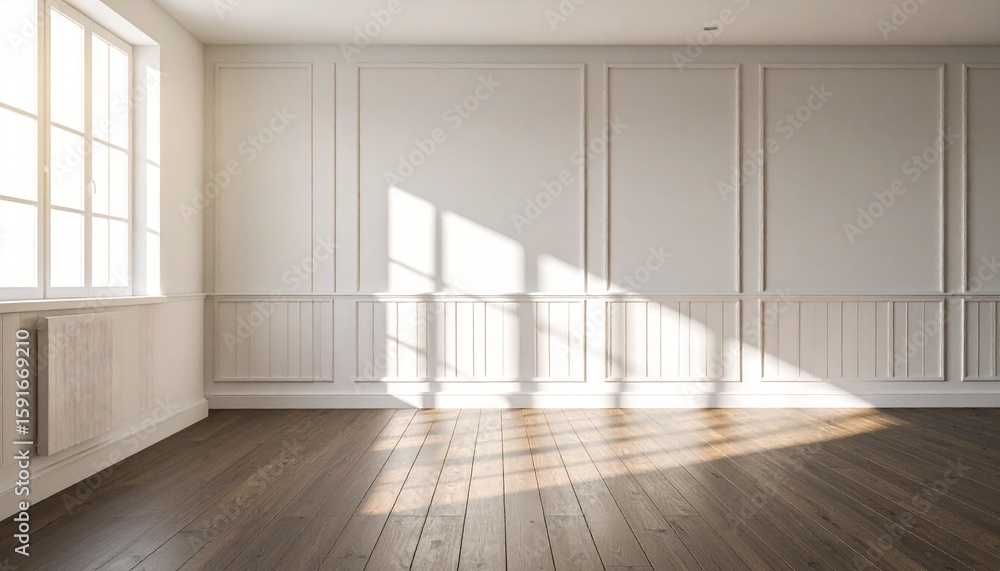 Empty, sunlit room with white paneling and hardwood floors. Empty, sunlit room with white paneling and hardwood floors.