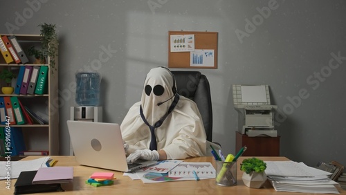 Wallpaper Mural Halloween businessman ghost in white sheet sits at office desk works on laptop wearing headset and talking with clients. Happy halloween business concept. Torontodigital.ca