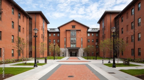 Student dormitory building with bright brick facade and symmetrical window layout