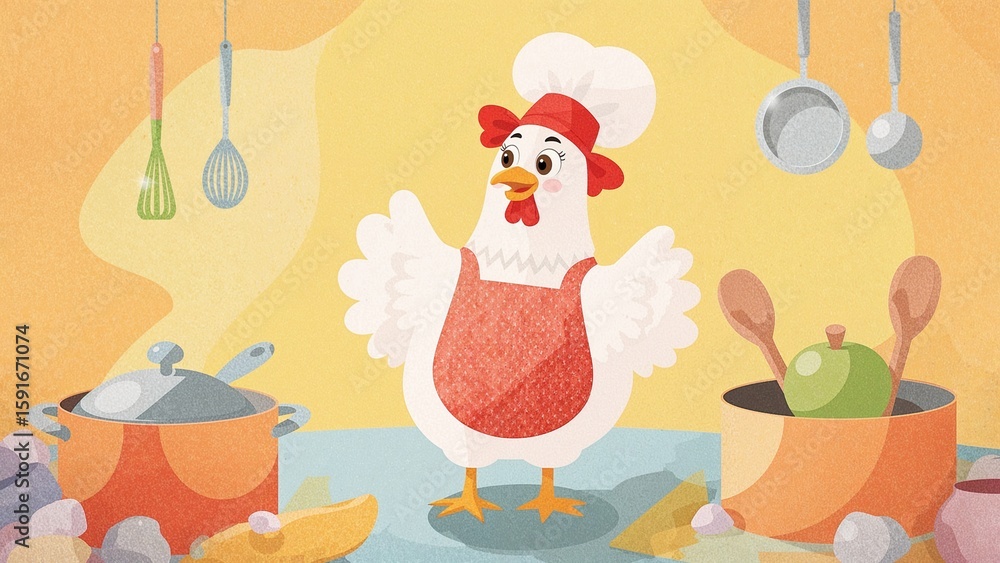 Obraz premium Cartoon chicken wearing chef hat stirring orange pot in cartoon kitchen, with scattered eggshells