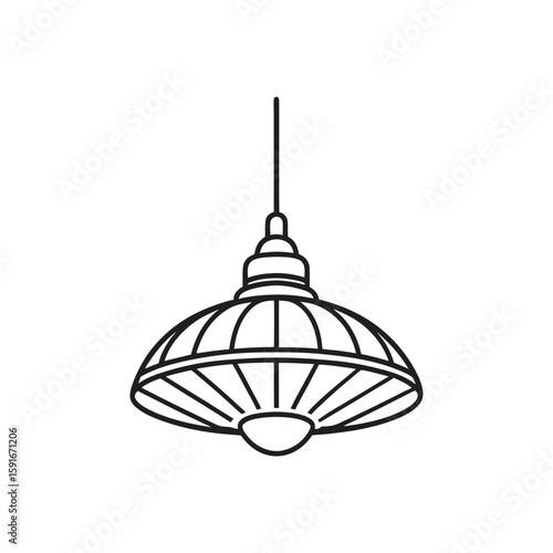 Black outline drawing of a vintage industrial pendant light isolated on white background