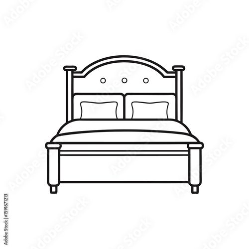 Simple outline drawing of a double bed with pillows and duvet isolated on white background