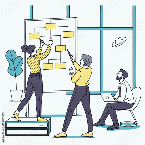  Vector Illustration of Professionals Collaboratively Writing and Drawing Flowcharts on a Whiteboard with Yellow Highlights in a Bright Office Space
 Adobe Illustrator Artwork