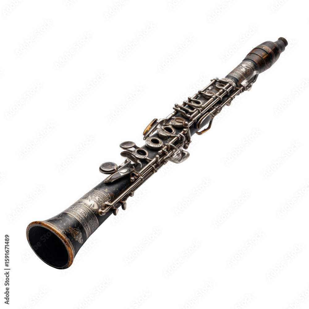 Naklejka premium Isolated Artistic Image of a Vintage Clarinet with Detailed Engravings and Polished Finish